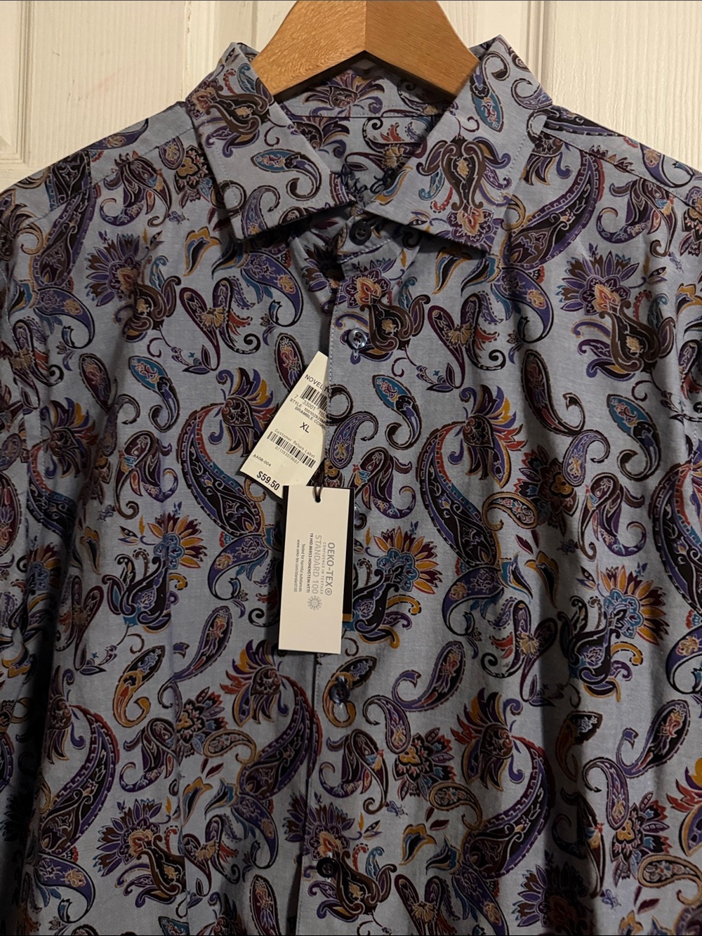 Tasso Elba Light Blue Paisley Button-Down Shirt with Purple and Gold Details